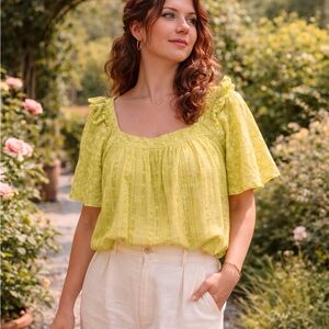 Ces Femme Peasant Top Cotton Key Lime Flutter Eyelet Ruffle Women’s M Bohemian